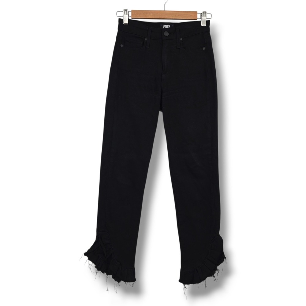Paige Hoxton Straight Ankle Jeans Black Ruffle Raw Hem High Rise Size 25 USA